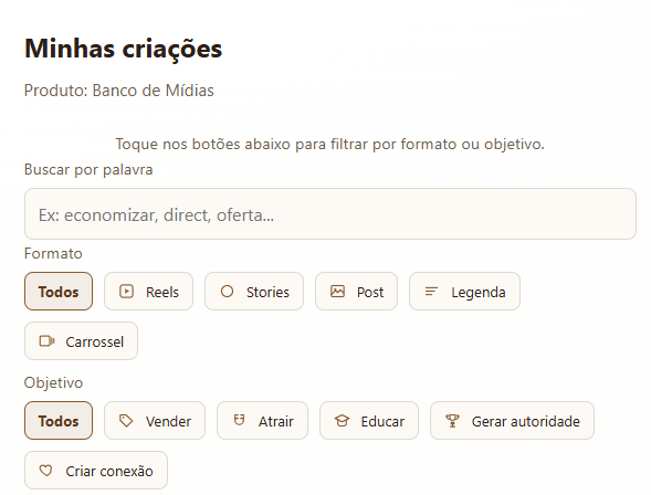 Tela de Minhas criações na TECA, com filtros por formato e objetivo